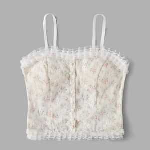Ditsy Floral Shirred Pearls Detail Cami Top